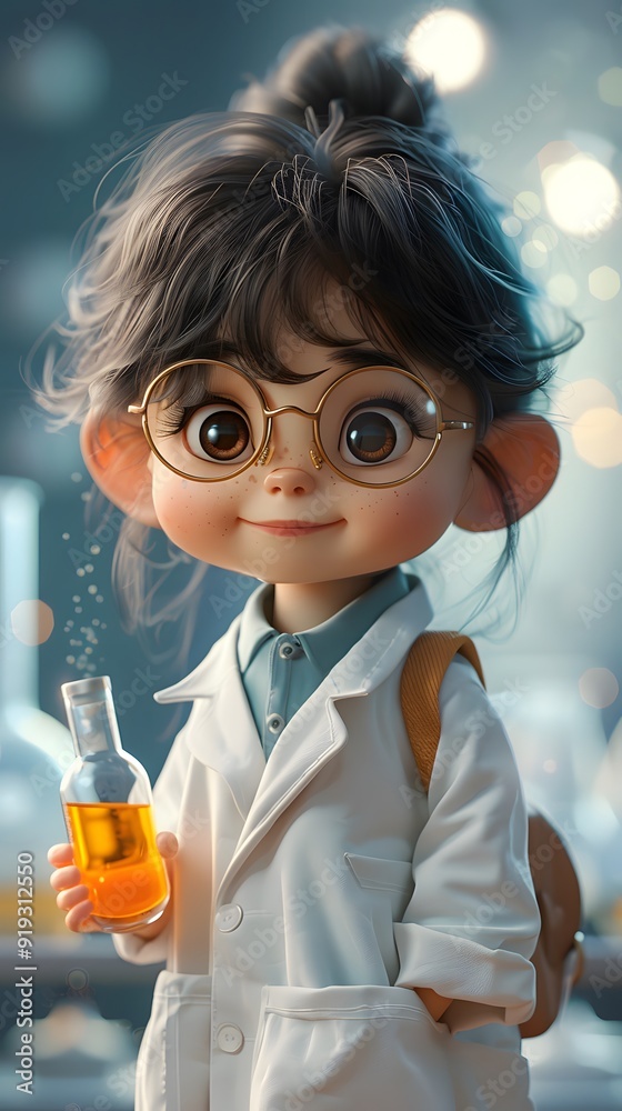 Adorable 3D character conducting research in a laboratory, surrounded by lab equipment like beakers, flasks, and test tubes, capturing a playful yet focused atmosphere of scientific discovery and expl Adorable 3D character conducting research in a laboratory, surrounded by lab equipment like beakers, flasks, and test tubes, capturing a playful yet focused atmosphere of scientific discovery and expl
