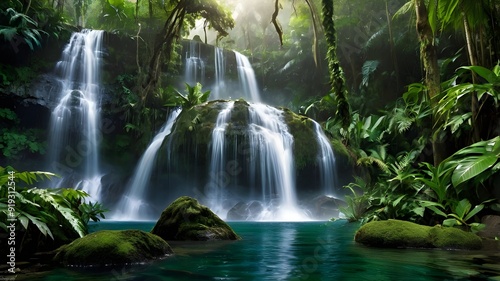 Misty Waterfall Cascading Through Dense Jungle with Sunlit Beams