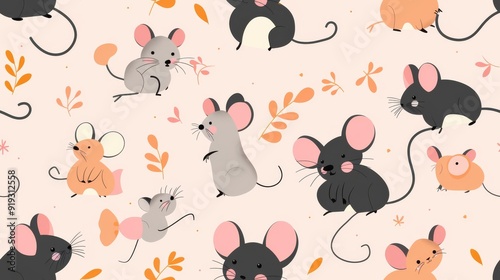 Cute cartoon mice in various poses on a pink background with orange leaves.