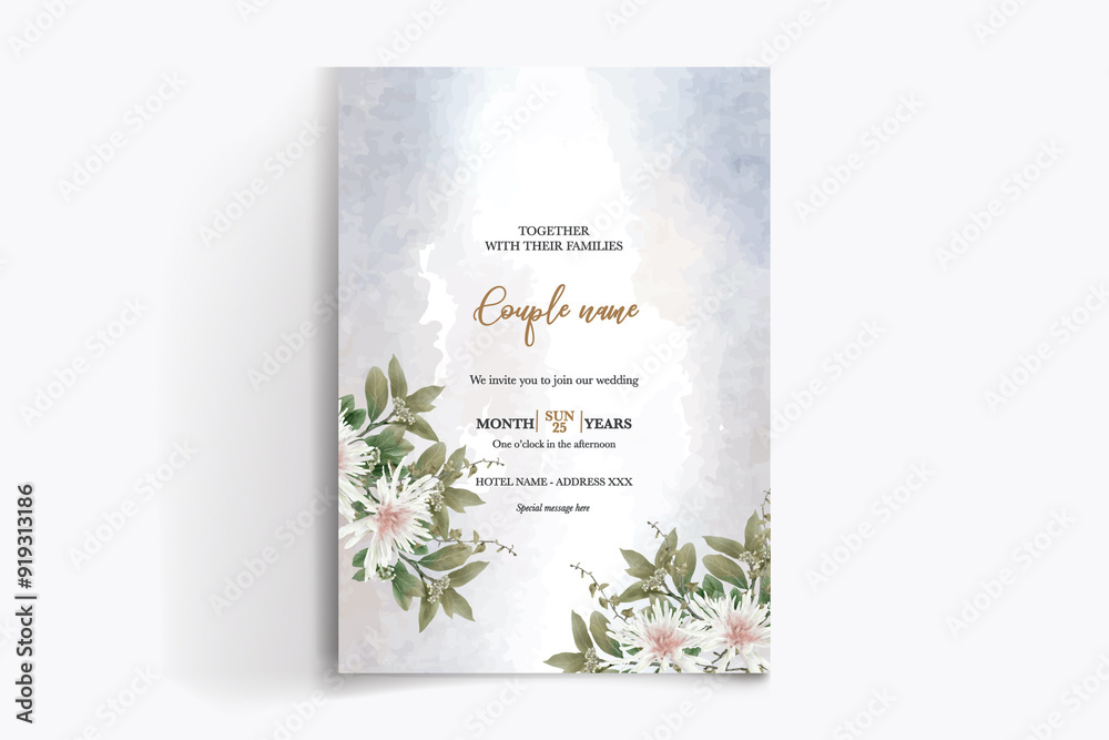 WEDDING INVITATION FRAME WITH FLOWER DECORATIONS WITH FRESH LEAVES