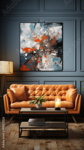 Living room with a modern and exclusive design with a contemporary art canvas above a leather sofa. Low wooden roof with spotlights, front view, vertical image for social media