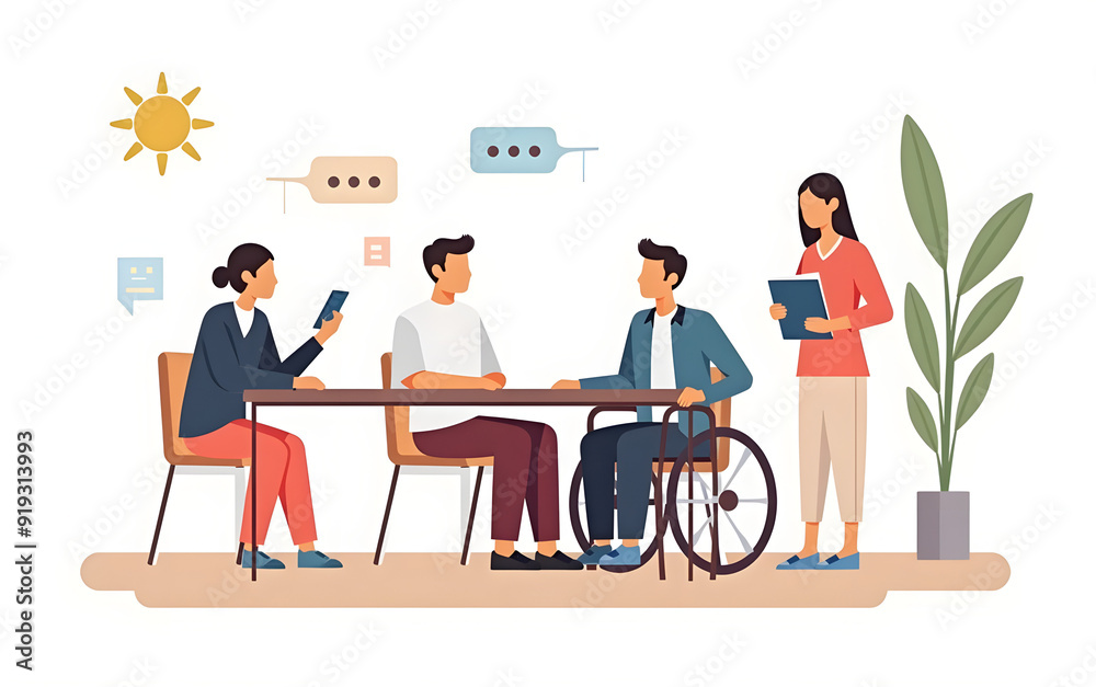 Social inclusion of people in wheelchair concept. Disabled man in wheel chair at meeting. Handicapped person in student society. Colored flat vector illustration isolated on white background Social inclusion of people in wheelchair concept. Disabled man in wheel chair at meeting. Handicapped person in student society. Colored flat vector illustration isolated on white background