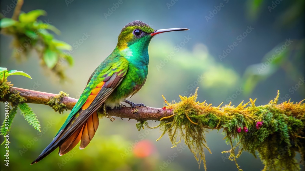 Fototapeta premium Iridescent feathers glimmer on a broad-tailed hummingbird perched on a slender branch, its long tail feathers splayed, amidst vibrant green foliage in the misty forest.