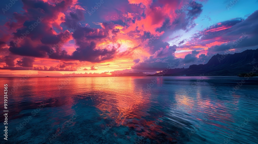 Stunning colorful sunset sky with dramatic clouds over the horizon of the south pacific ocean, featuring a scenic lagoon landscape in moorea, perfect for luxury travel and exotic destination imagery Stunning colorful sunset sky with dramatic clouds over the horizon of the south pacific ocean, featuring a scenic lagoon landscape in moorea, perfect for luxury travel and exotic destination imagery