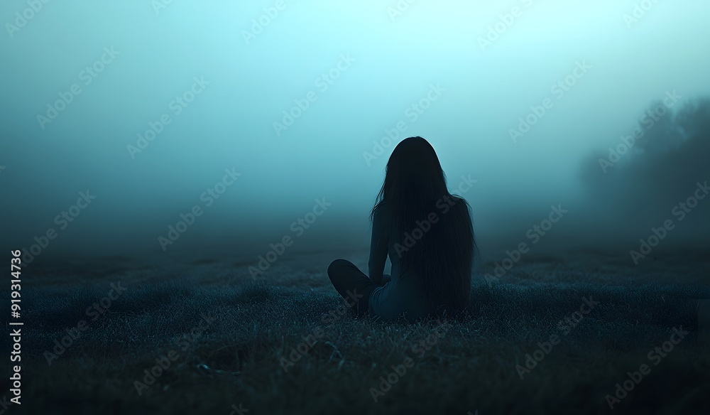 A mysterious woman with long hair sitting on the grass in a foggy field, back view, with soft blue light, in a minimalist and cinematic style, A mysterious woman with long hair sitting on the grass in a foggy field, back view, with soft blue light, in a minimalist and cinematic style,