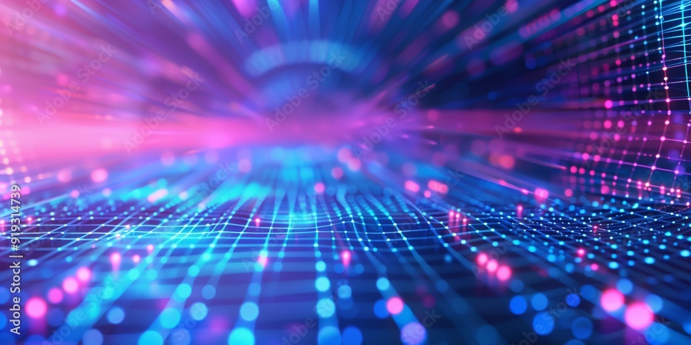 Abstract background with a grid and glowing lines and dots, blue and purple tones, futuristic style. Abstract background with a grid and glowing lines and dots, blue and purple tones, futuristic style.