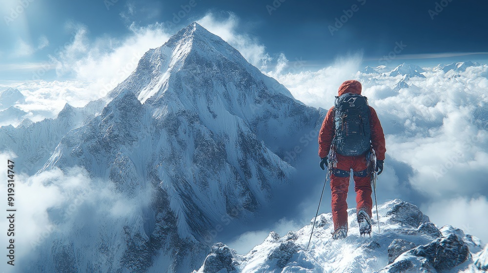 Create a Dramatic Image of a Climber Reaching the Summit in a High-Altitude Adventure Create a Dramatic Image of a Climber Reaching the Summit in a High-Altitude Adventure