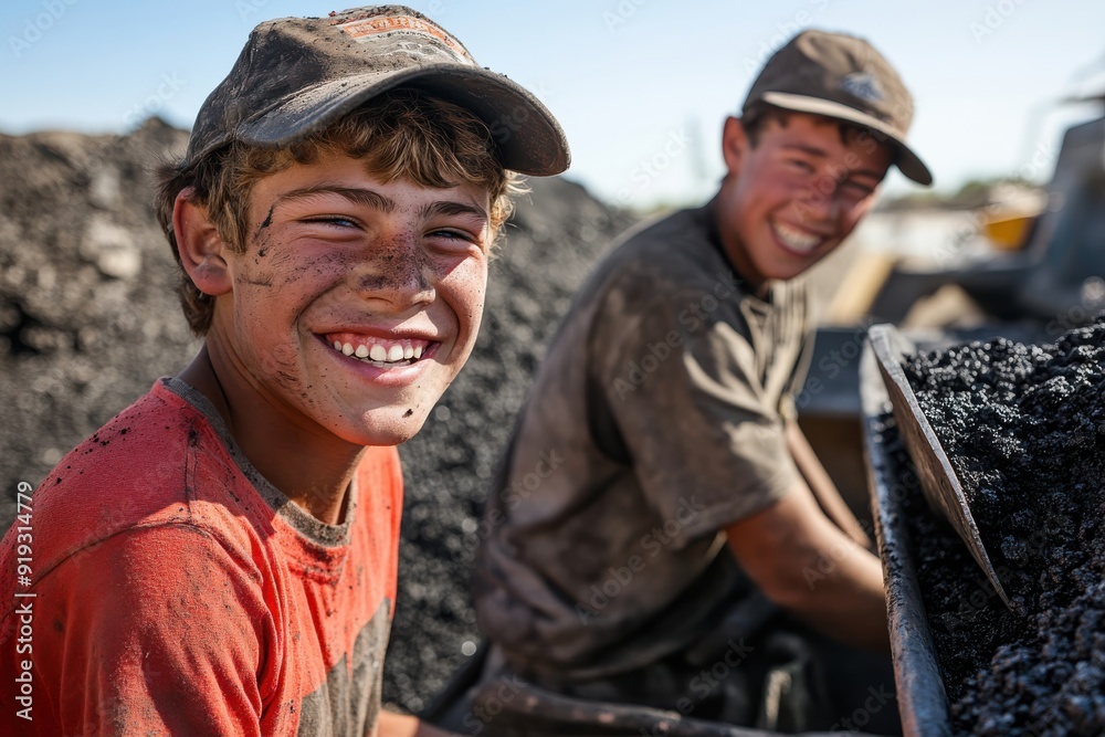 Fototapeta premium Two boys with cheerful faces handle coal under the sunlight, representing their enduring spirit and determination amidst the physically strenuous and dirty task.