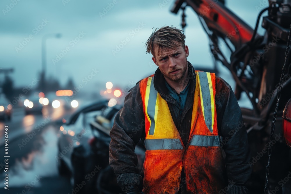 A weary worker, wearing a neon vest, stands by the roadside with a wrecked car and heavy traffic in the background, suggesting a highway accident scene. A weary worker, wearing a neon vest, stands by the roadside with a wrecked car and heavy traffic in the background, suggesting a highway accident scene.