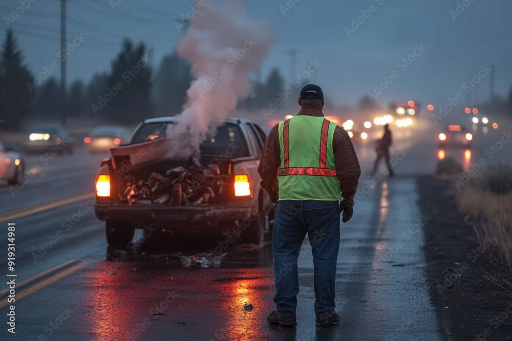 Obraz premium A person wearing a reflective vest manages a traffic incident involving a car with a smoking engine on a rainy evening, ensuring road safety and guidance for commuters.