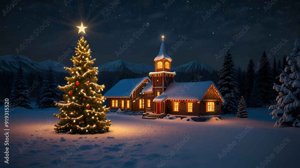 Fototapeta premium A Christmas tree stands tall in the background, adorned with sparkling lights, shimmering ornaments, casting a warm glow over the winter wonderland, a snow-covered church with twinkling lights.