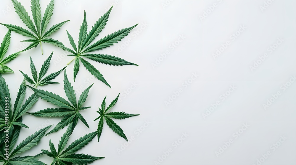 Marijuana leaves on a white background, close up top view on cannabis leaves and branches on white background for alternative medical and marketing design concept Marijuana leaves on a white background, close up top view on cannabis leaves and branches on white background for alternative medical and marketing design concept