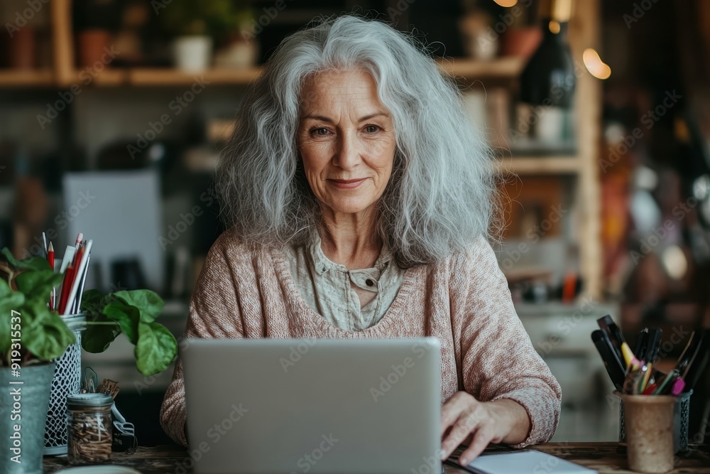 An elderly woman with a content smile sits at her laptop in a rustic home office, surrounded by plants, stationery, and warm decorative elements, reflecting happiness. An elderly woman with a content smile sits at her laptop in a rustic home office, surrounded by plants, stationery, and warm decorative elements, reflecting happiness.