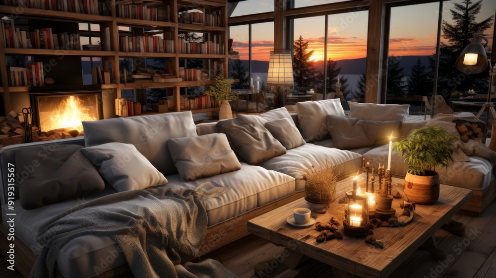 Cozy Cabin Living Room with Sunset View Cozy Cabin Living Room with Sunset View
