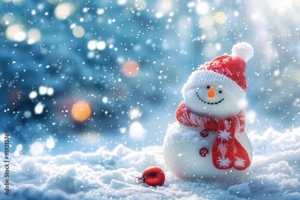 A cheerful winter scene featuring a snowman dressed in a red hat and scarf