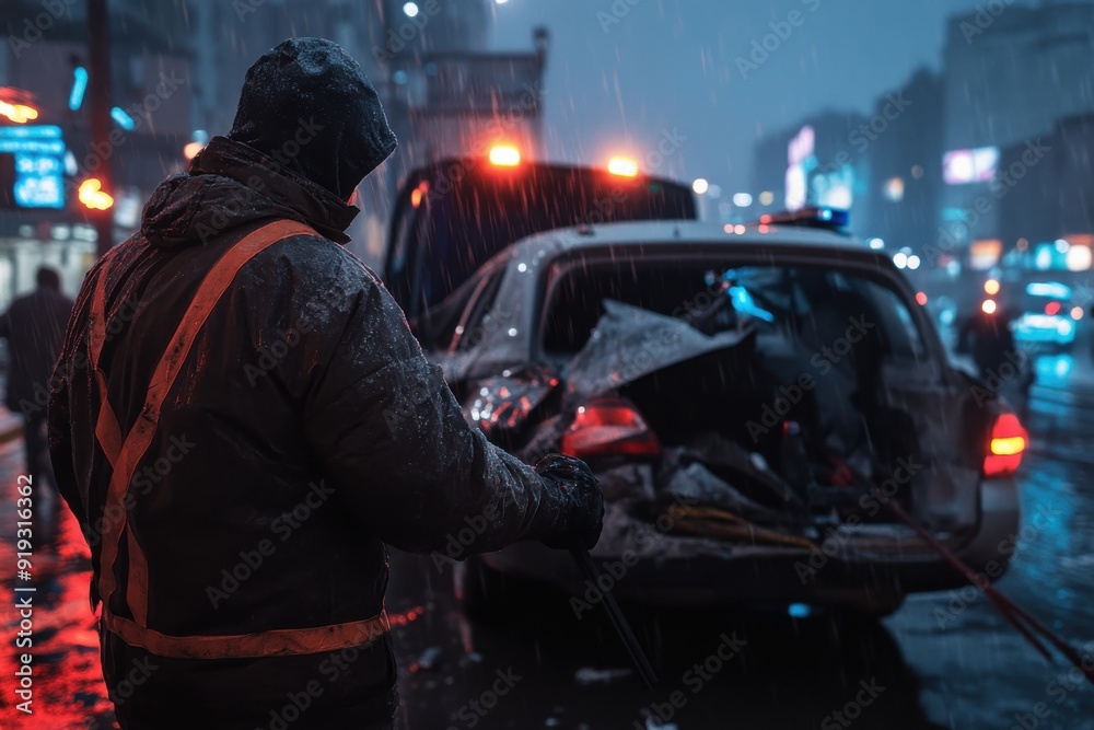 An emergency worker in high-visibility clothing attends to a car accident scene during nighttime, under heavy rain, with flashing lights from emergency vehicles visible. An emergency worker in high-visibility clothing attends to a car accident scene during nighttime, under heavy rain, with flashing lights from emergency vehicles visible.