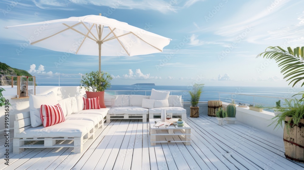 Obraz premium Terrace on the roof of the house with white umbrellas on the sea background