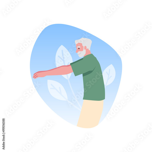 Senior man go in for sports, doing gymnastics exercises, vector cartoon active elderly grandfather training floral frame