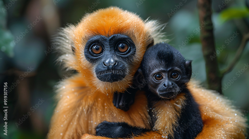 Fototapeta premium two orange-furred monkeys, a mother holding a baby.