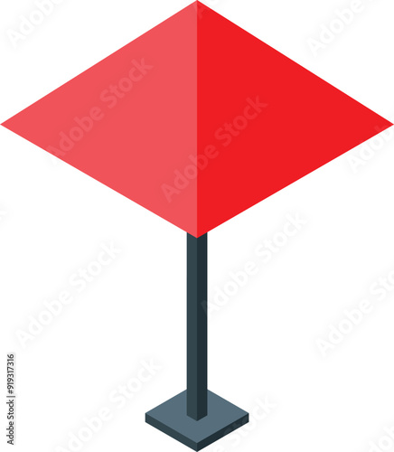 Red square beach umbrella standing on the sand, summertime concept