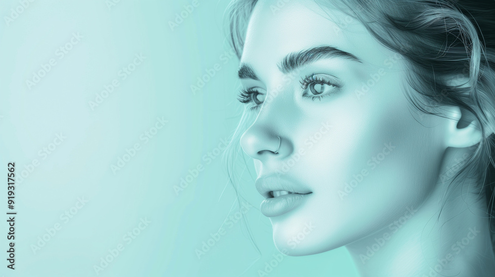 Fototapeta premium Woman face on light blue background, beauty promo design