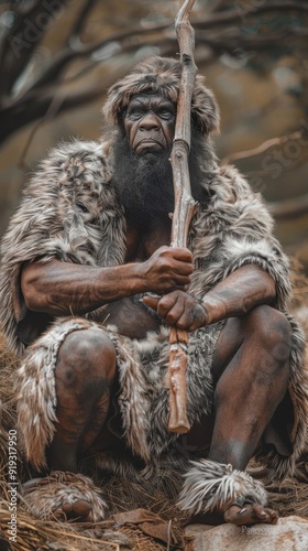 A forest tribesman, a fur-clad trapper in the wild.  photo