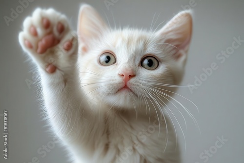 playful white cat giving highfive with outstretched paw expressive face with bright eyes and whiskers simple white background emphasizing the cats charming gesture