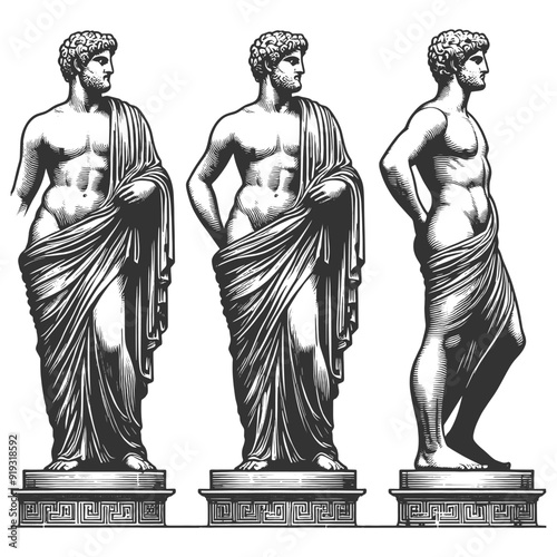 classical male statues, showcasing ancient Greek or Roman sculpture with detailed line work sketch engraving generative ai vector illustration. Scratch board imitation. Black and white image.