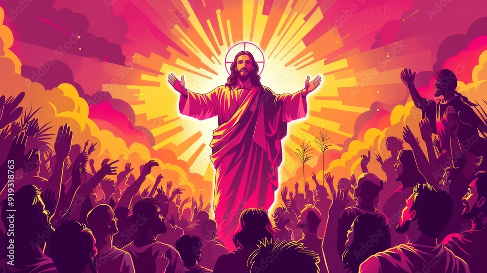 A beautiful vector of Jesus ascending to heaven, surrounded by clouds and light A beautiful vector of Jesus ascending to heaven, surrounded by clouds and light