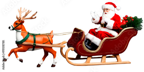 Miniature Santa Claus on sleigh, Christmas and celebration concept, on transparent background PNG.