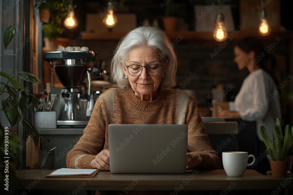 An elderly woman with gray hair is focused on her laptop while sitting in a cozy cafe, demonstrating a delightful blend of modern technology and a warm, inviting environment. An elderly woman with gray hair is focused on her laptop while sitting in a cozy cafe, demonstrating a delightful blend of modern technology and a warm, inviting environment.