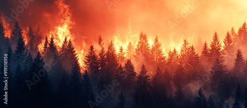 Fire wildfire at sunset burning pine forest in the smoke and flames with copy space for adding text or design. Represents danger, natural disaster, and bravery in the face of destruction.