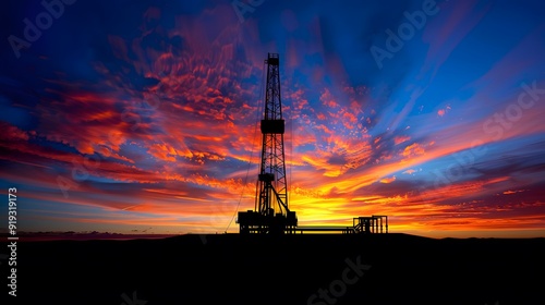A silhouette of a drilling rig against a fiery sky