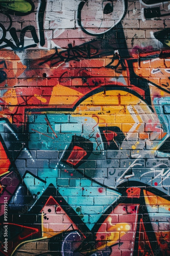A brick wall with vibrant street art and murals, great for urban or cityscape concepts