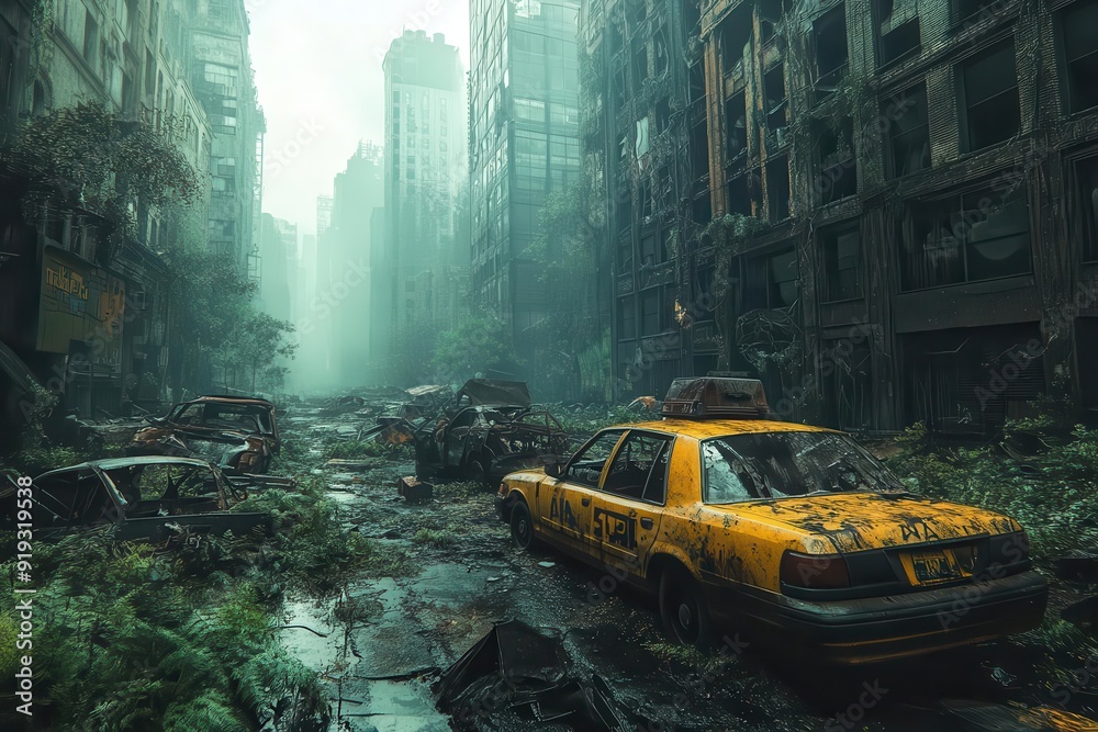 postapocalyptic cityscape with crumbling skyscrapers overgrown vegetation and abandoned vehicles dramatic lighting and smoky atmosphere evoke a sense of desolation postapocalyptic cityscape with crumbling skyscrapers overgrown vegetation and abandoned vehicles dramatic lighting and smoky atmosphere evoke a sense of desolation