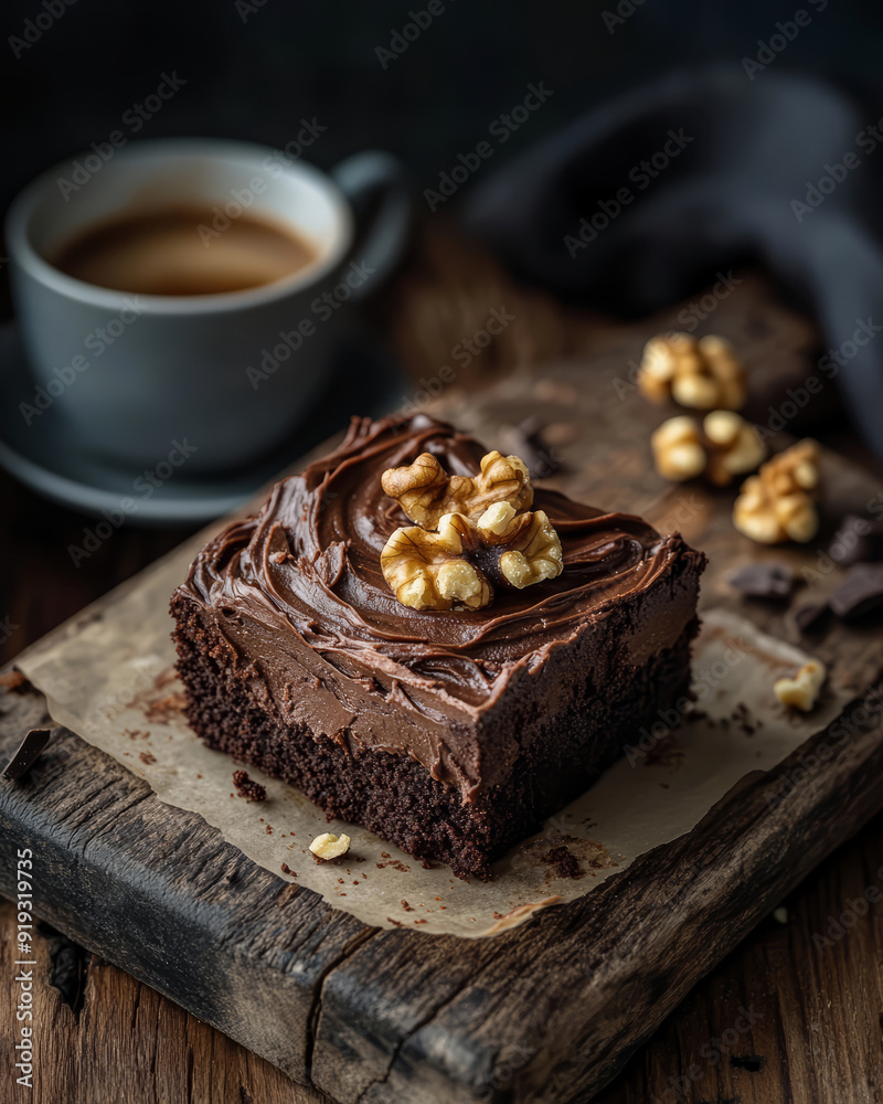 A slice of chocolate brownie with walnut piece on top A slice of chocolate brownie with walnut piece on top