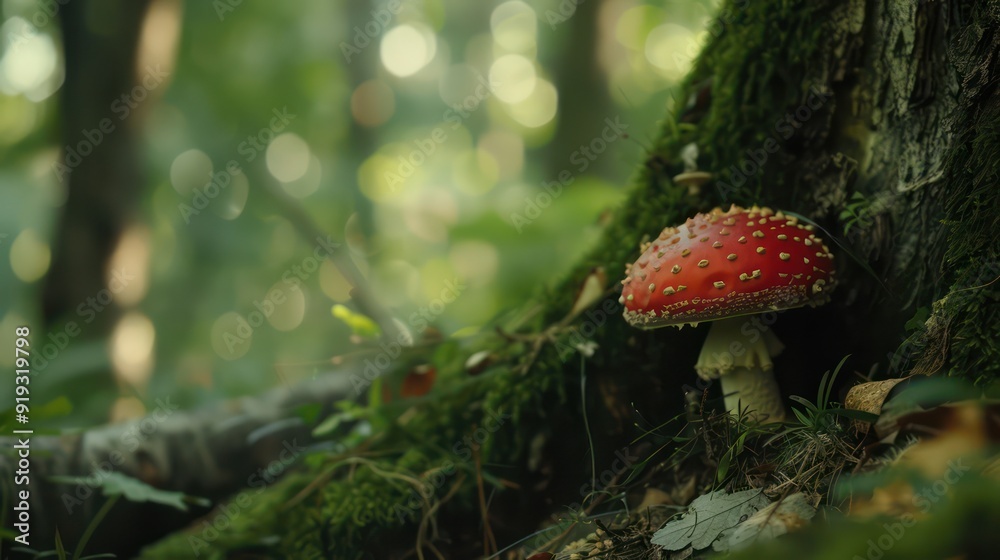 Obraz premium Beautiful red fly agaric growing among the grass