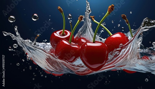 cherries fall into the water; water splash envolve cherries fruit ; isolated white background photo