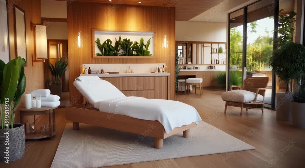 Luxurious spa room with a massage table, comfortable seating, plants, and minimal decor in a wooden interior with large windows and natural light. Luxurious spa room with a massage table, comfortable seating, plants, and minimal decor in a wooden interior with large windows and natural light.