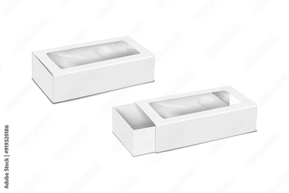White blank paper slider drawer box with clear plastic window. Realistic 3d vector mock-up. Cardboard box with transparent sliding lid. Mockup. Paperboard container packaging. Template for design White blank paper slider drawer box with clear plastic window. Realistic 3d vector mock-up. Cardboard box with transparent sliding lid. Mockup. Paperboard container packaging. Template for design