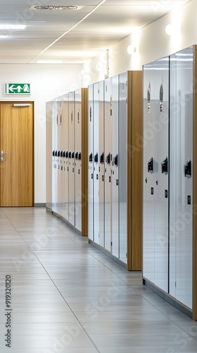 The hallway showcases sleek silver lockers on one side, with glowing lights and an emergency exit sign, leading towards a wooden door