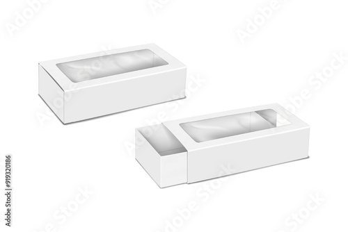 White blank paper slider drawer box with clear plastic window. Realistic 3d vector mock-up. Cardboard box with transparent sliding lid. Mockup. Paperboard container packaging. Template for design