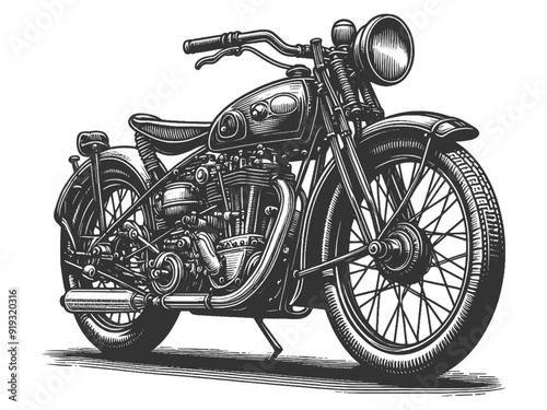 classic motorcycle, featuring detailed design elements and engine parts sketch engraving generative ai vector illustration. Scratch board imitation. Black and white image.