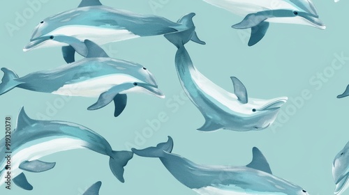 A seamless pattern of playful dolphins swimming in a turquoise blue ocean.