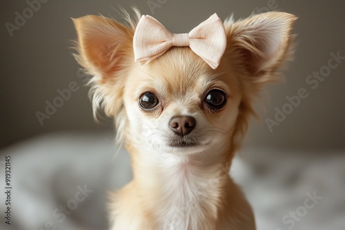 Cute little chihuahua dog with a bow on the head, animal portrait photo