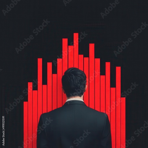 Businessman facing a wall of red bars, symbolizing economic challenges.
