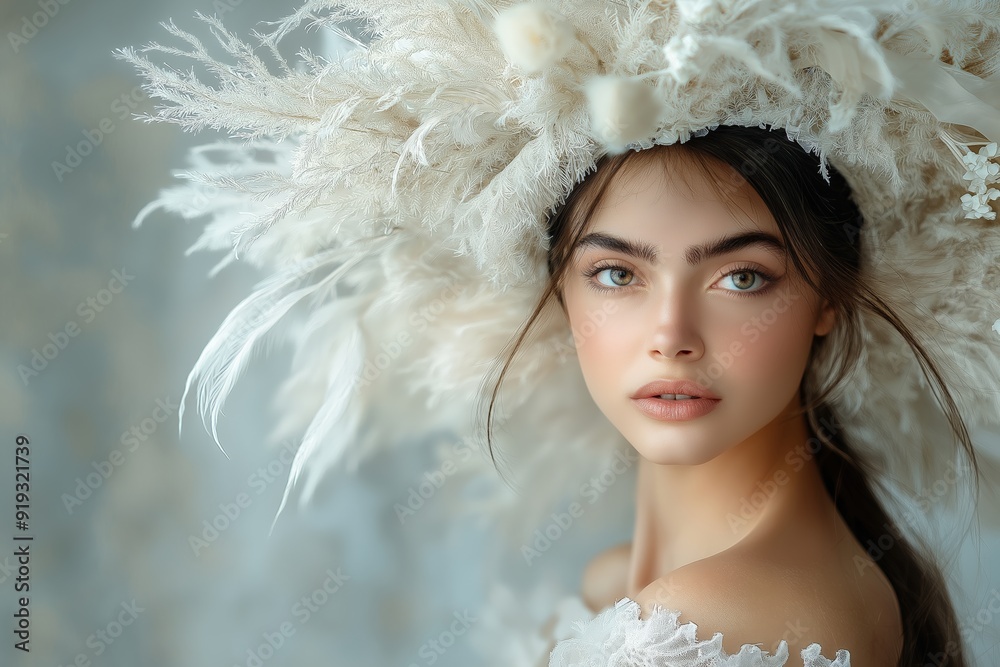 Elegant woman with blue eyes wearing a white feathered hat. Elegant woman with blue eyes wearing a white feathered hat.