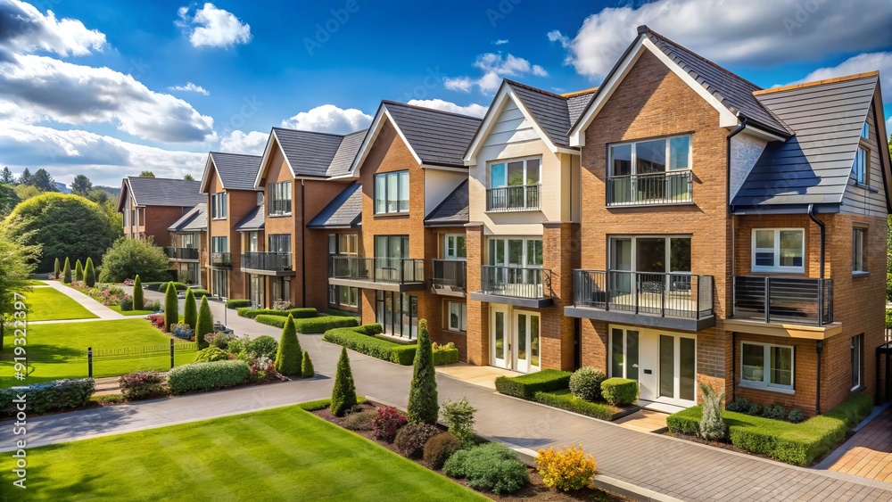 Newly constructed residential buildings in a UK suburban area, showcasing modern architecture, green spaces, and a mix of apartments and detached homes. Newly constructed residential buildings in a UK suburban area, showcasing modern architecture, green spaces, and a mix of apartments and detached homes.