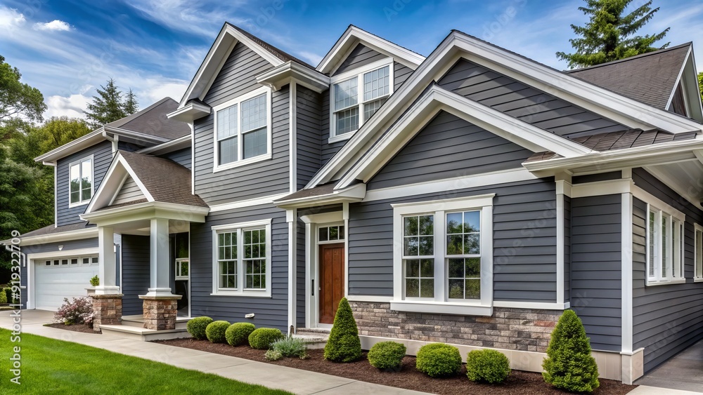 Newly installed horizontal gray vinyl siding with white trim and subtle brick accent adds curb appeal to a classic suburban residential home exterior. Newly installed horizontal gray vinyl siding with white trim and subtle brick accent adds curb appeal to a classic suburban residential home exterior.