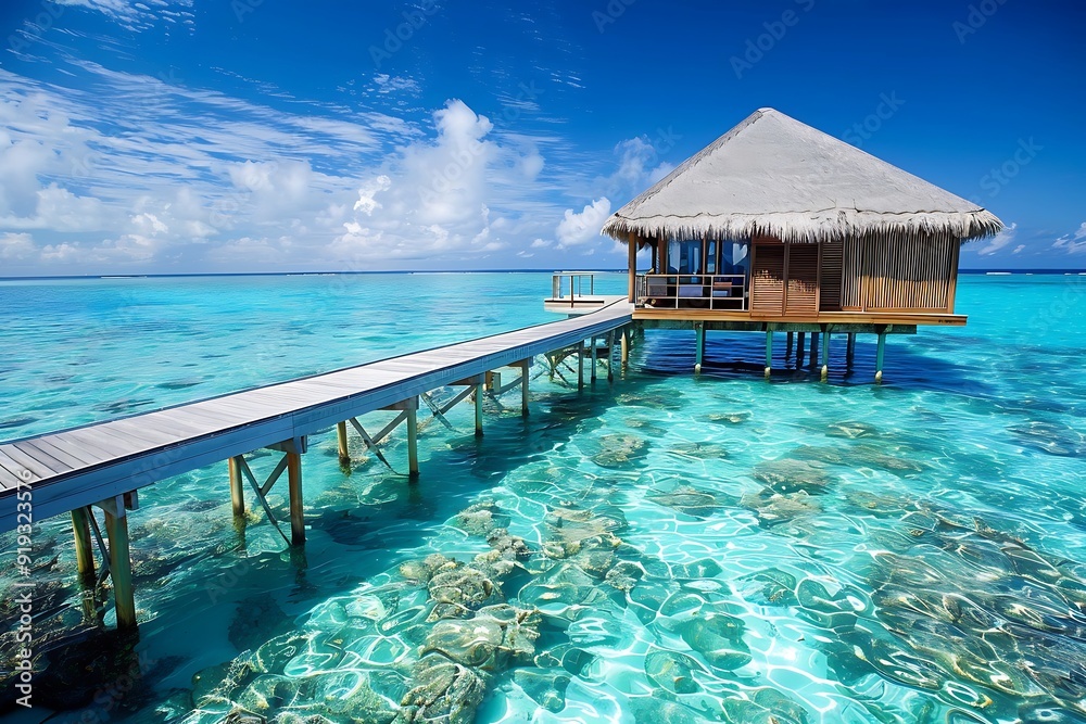 Overwater bungalow with wooden walkway leading to it. Overwater bungalow with wooden walkway leading to it.